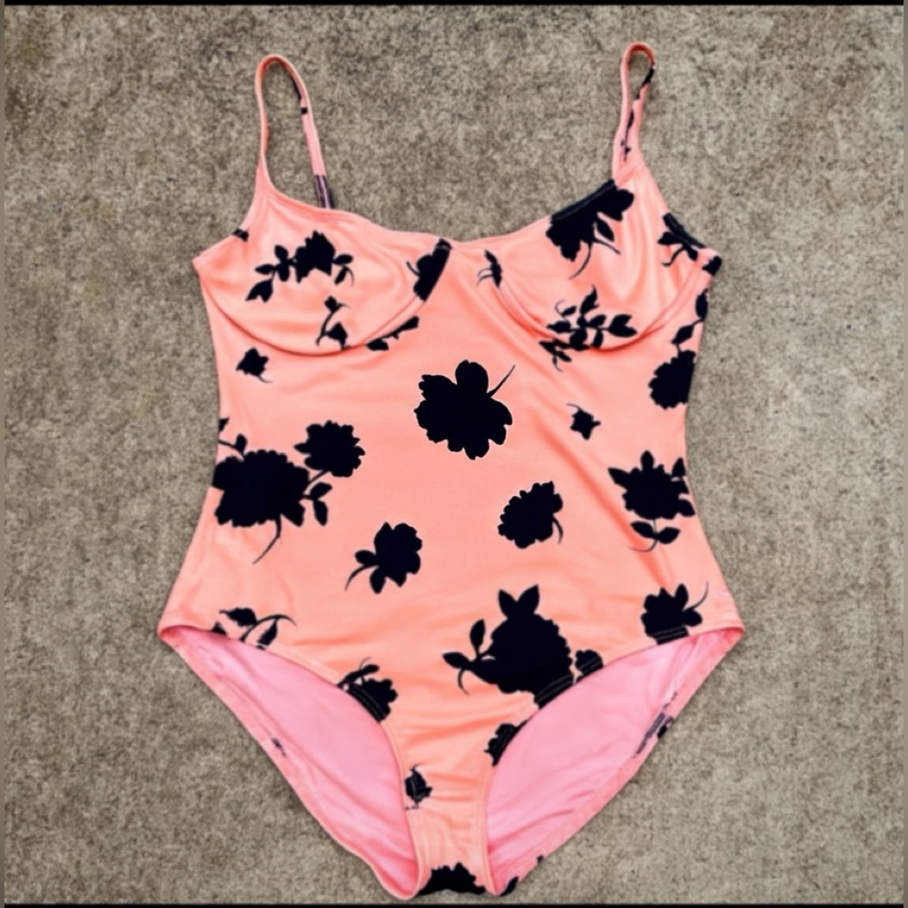 Kate Spade Pink & Black Floral One-Piece Swimsuit, Size L